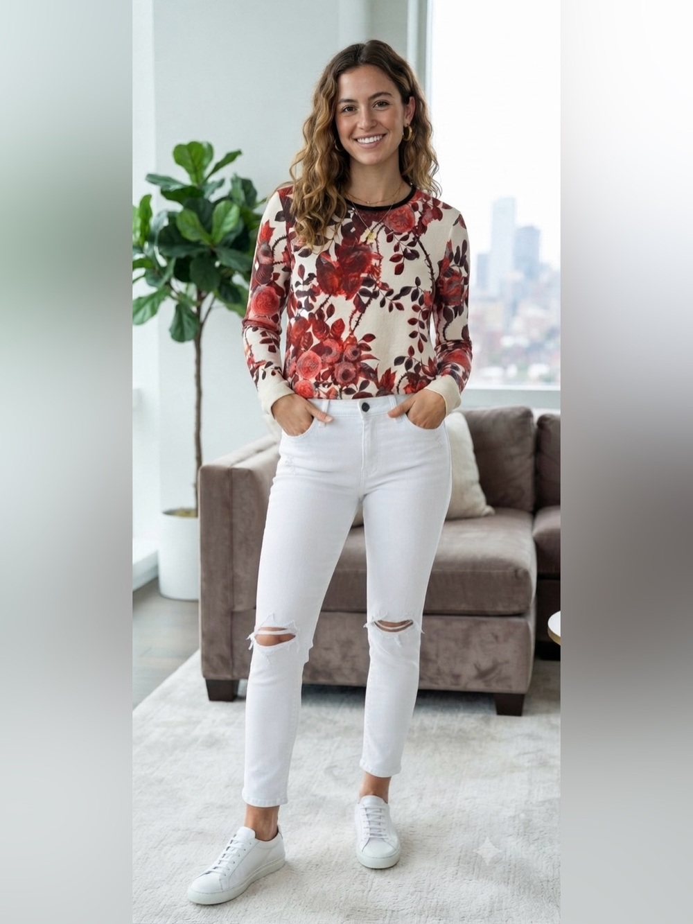PAIGE White Skinny Crop Verdugo Ankle Jeans with Distressed Knees